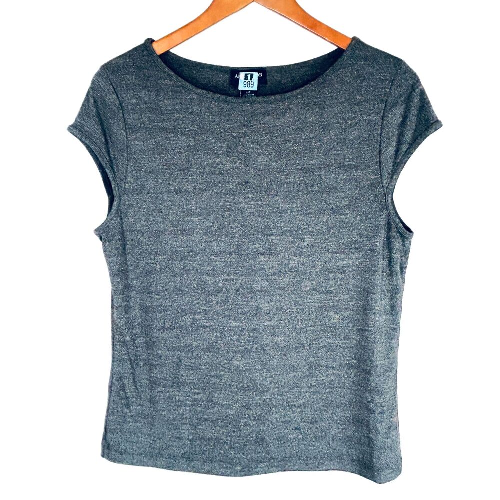 Ann Taylor Stretch Knit Top PL Gray Cap Sleeve Summer L Petite